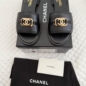 Chanel Black and Gold Slide Sandals
